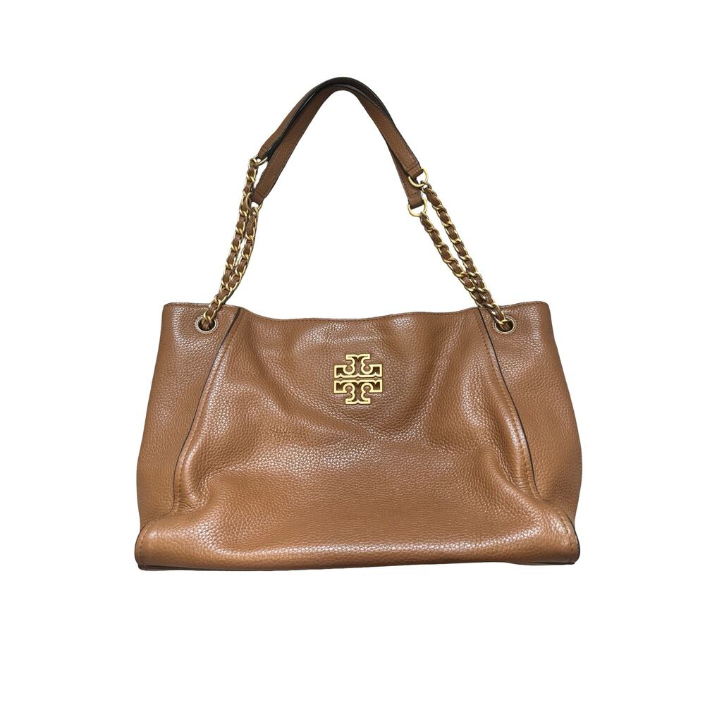 Tory Burch Brown Pebbled Leather Chain Tote Shoulder Bag